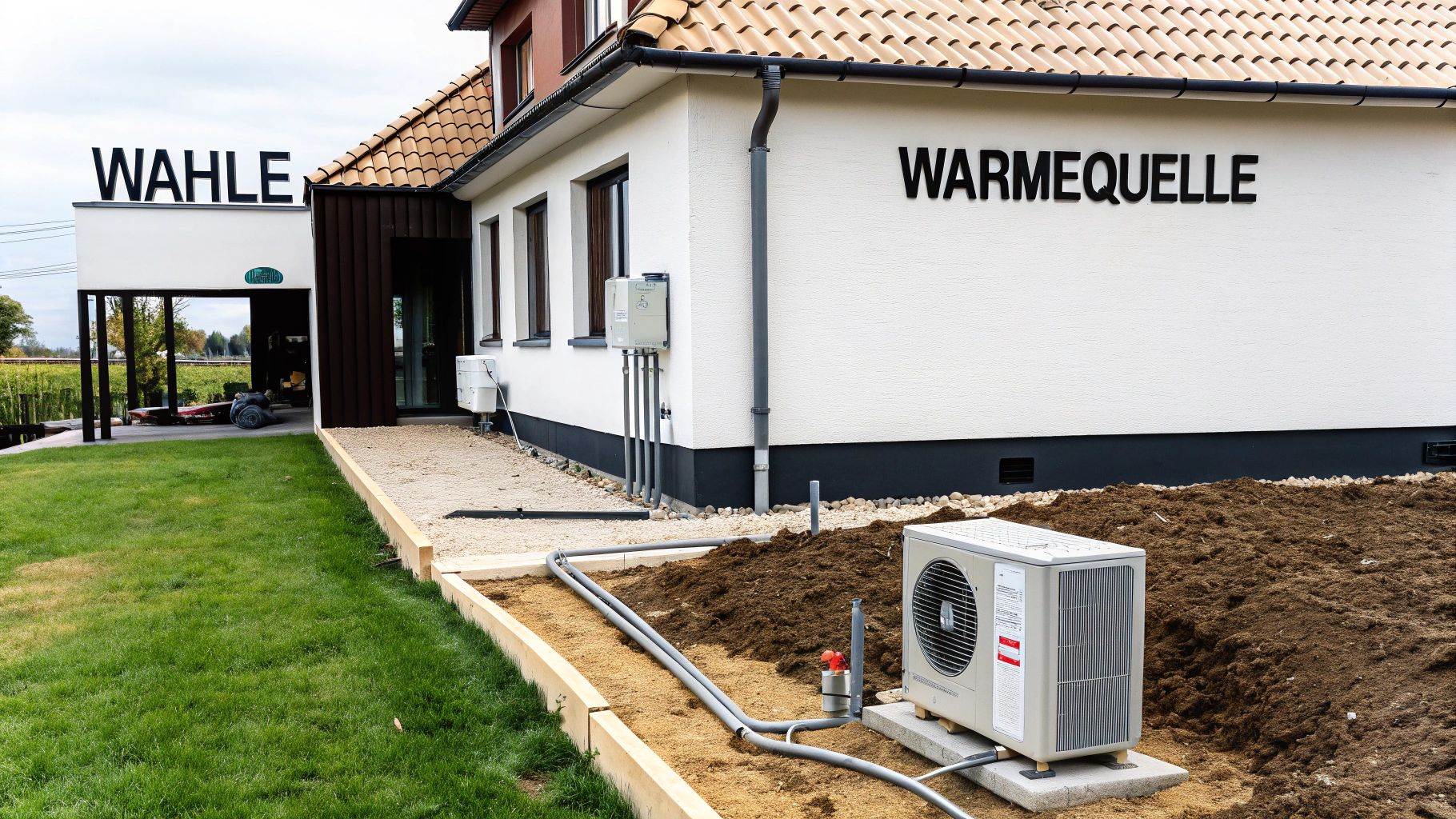 Außenansicht eines Hauses mit installierter Wärmepumpe, Rohren und Erdaushub. Der Schriftzug "WARMEQUELLE" ist an der Wand zu sehen.