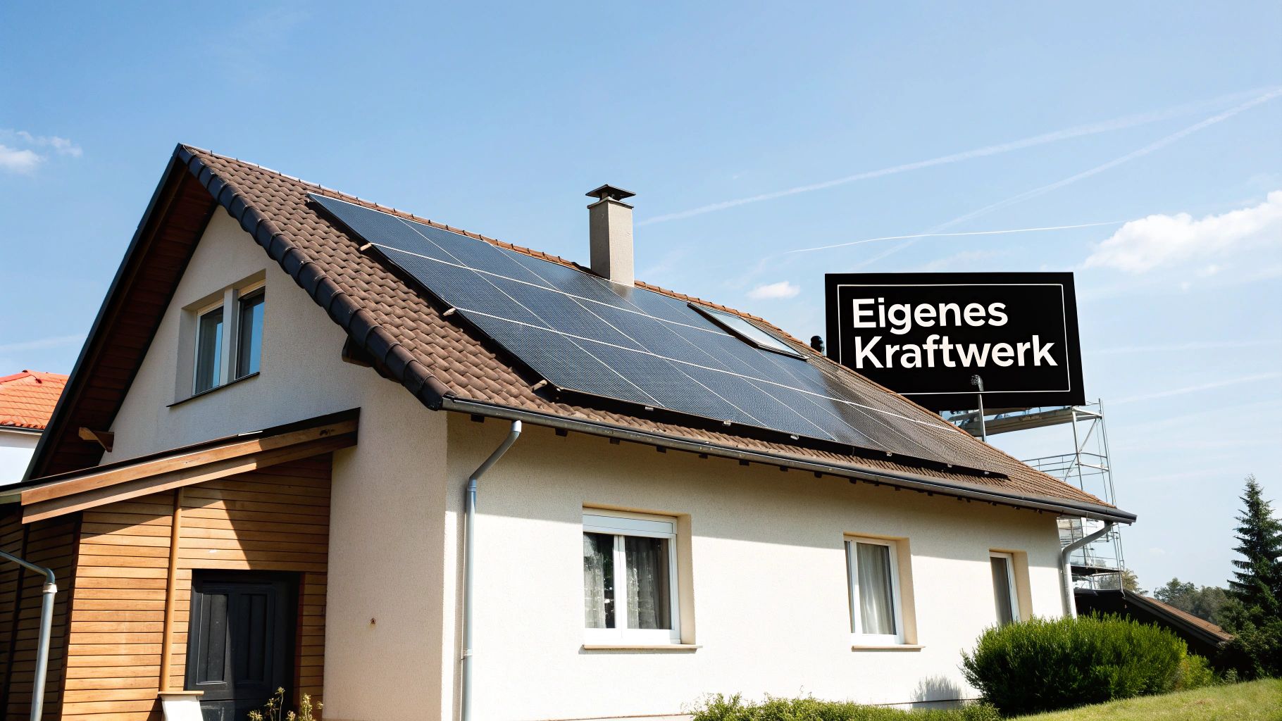 Ein Einfamilienhaus mit Solarmodulen auf dem Dach unter blauem Himmel und einem Schild 'Eigenes Kraftwerk'.