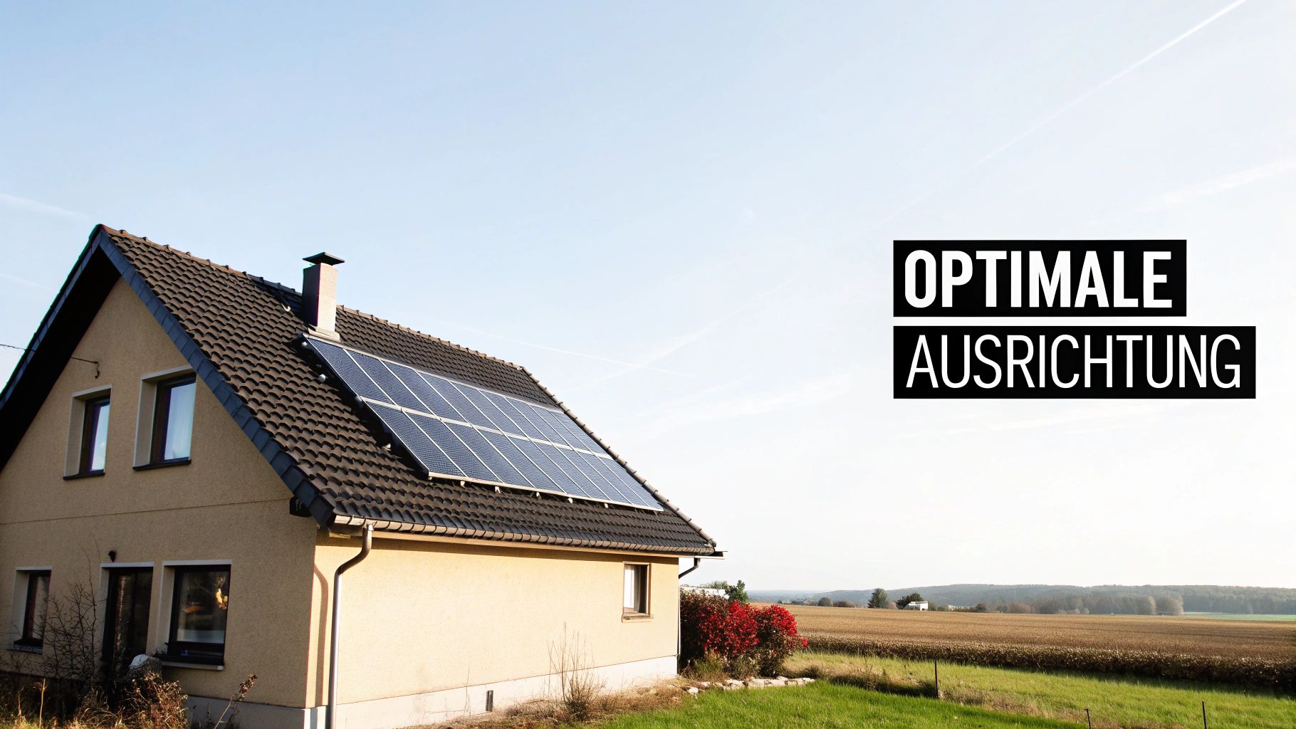 Einfamilienhaus mit Solarmodulen auf dem Dach und dem Text 'Optimale Ausrichtung' auf hellem Himmel.