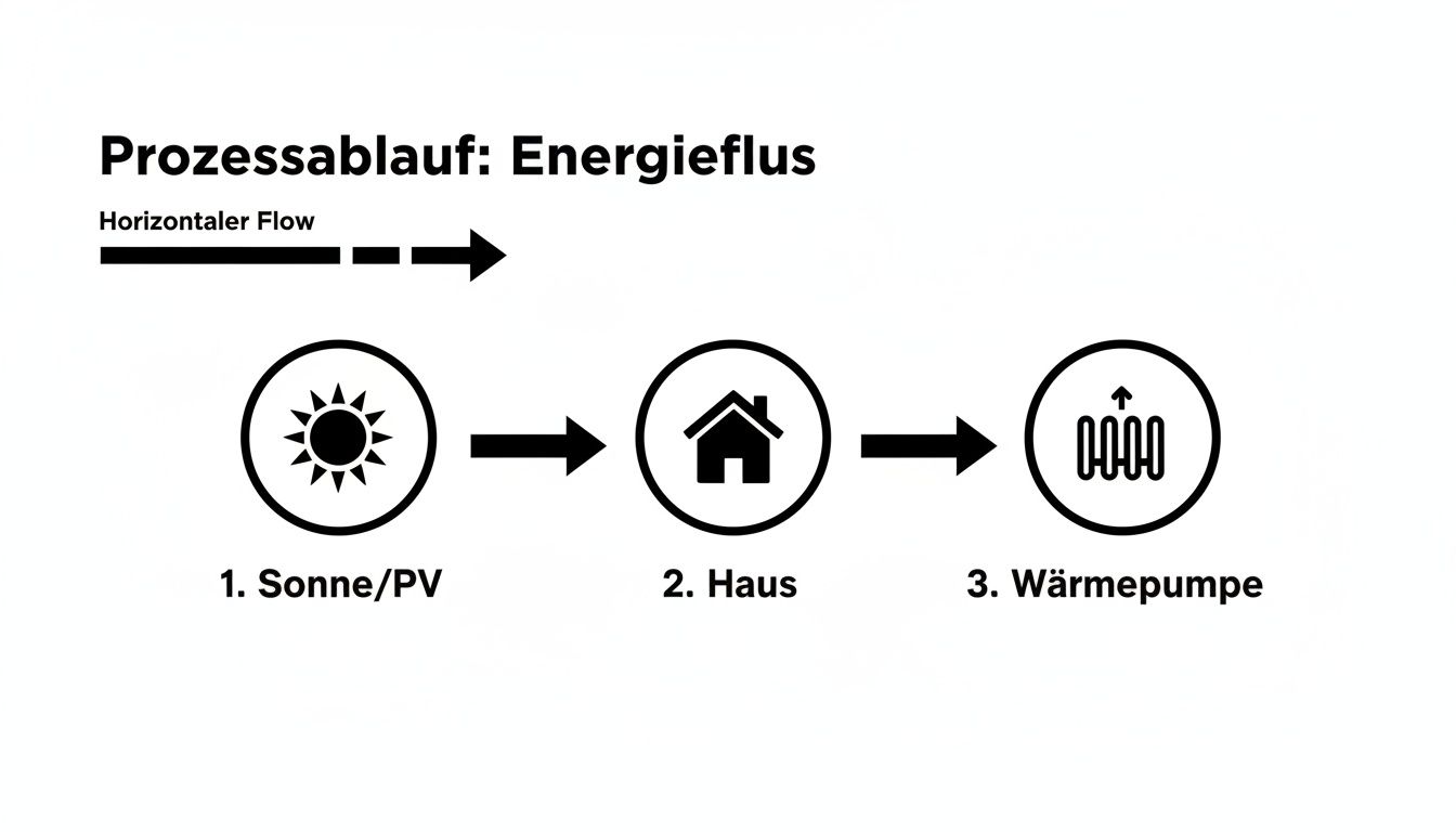 Prozessablauf des Energieflusses: Sonnenenergie (PV) speist ein Haus, welches eine Wärmepumpe antreibt.