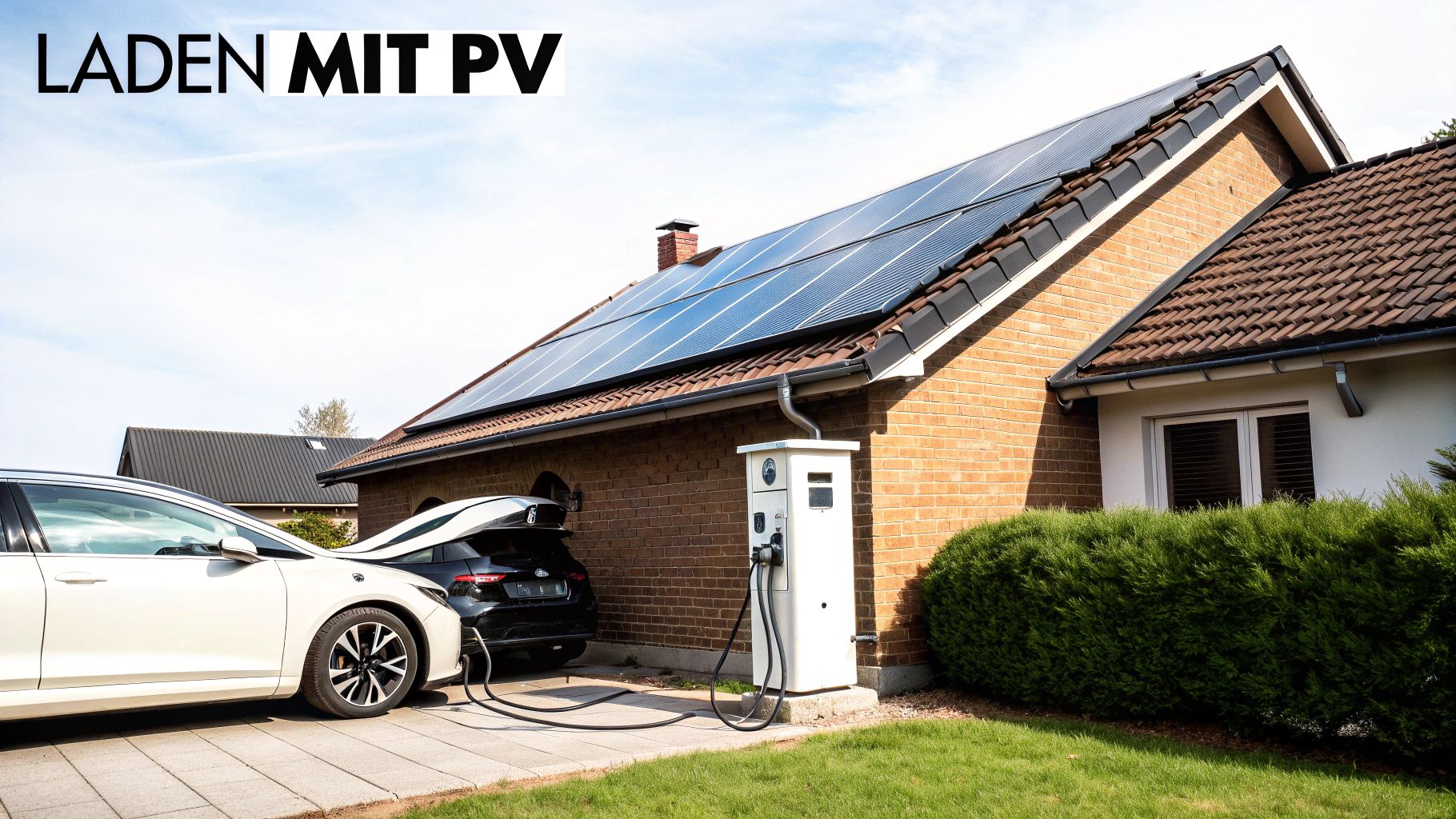 Elektroautos laden an einer Wallbox vor einem Haus mit Solarmodulen auf dem Dach unter blauem Himmel.