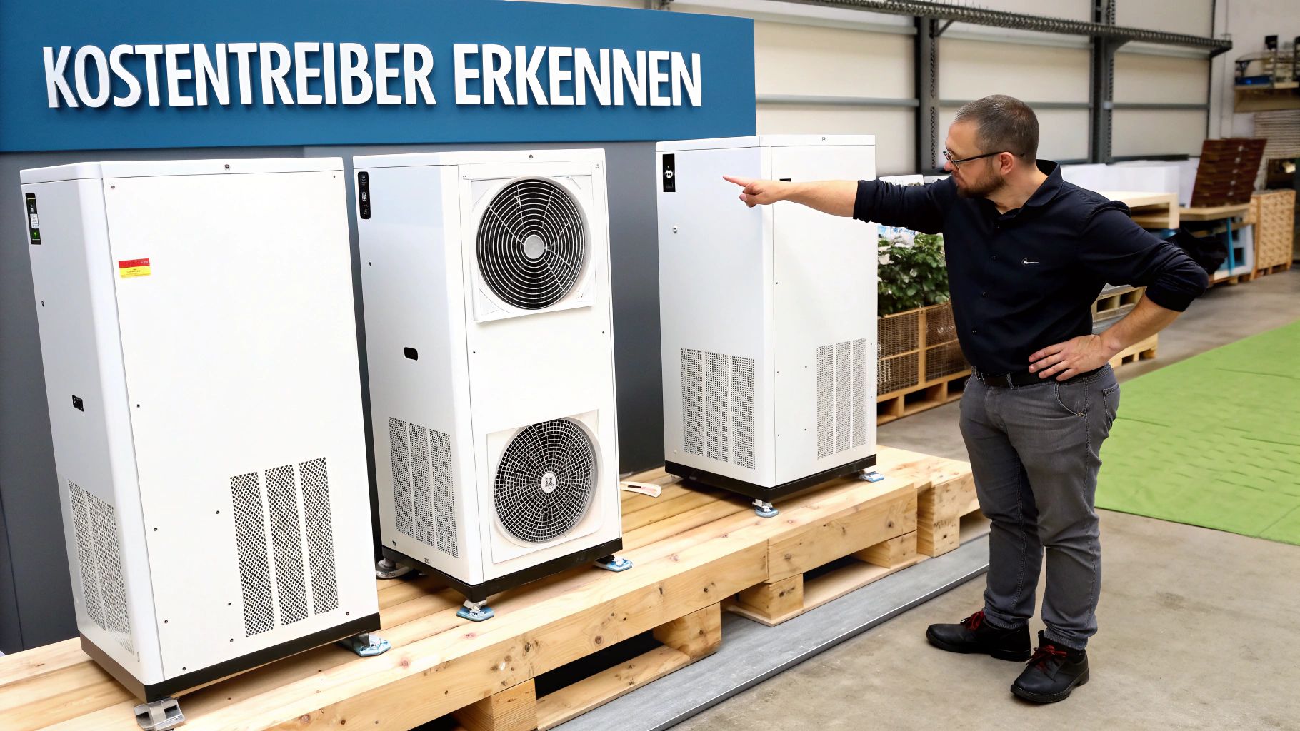 Mann begutachtet weiße Wärmepumpen in einer Industriehalle mit Schild „KOSTENTREIBER ERKENNEN“.