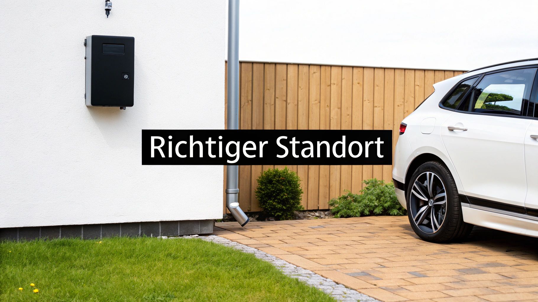 Eine Wallbox an einer weißen Hauswand neben einem parkenden Auto und grünem Garten, betont den "Richtigen Standort".