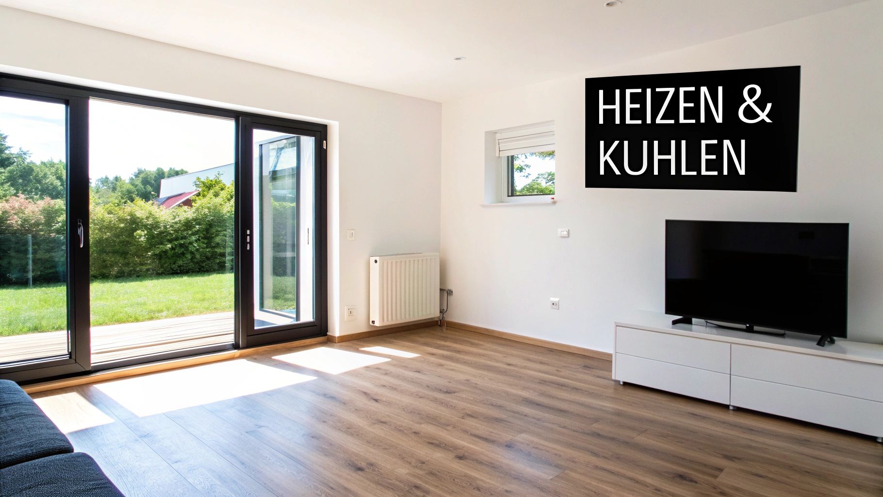 Heller, moderner Wohnraum mit Holzboden, großer Glasfront, Gartenblick und dem Schriftzug 'HEIZEN & KÜHLEN'.