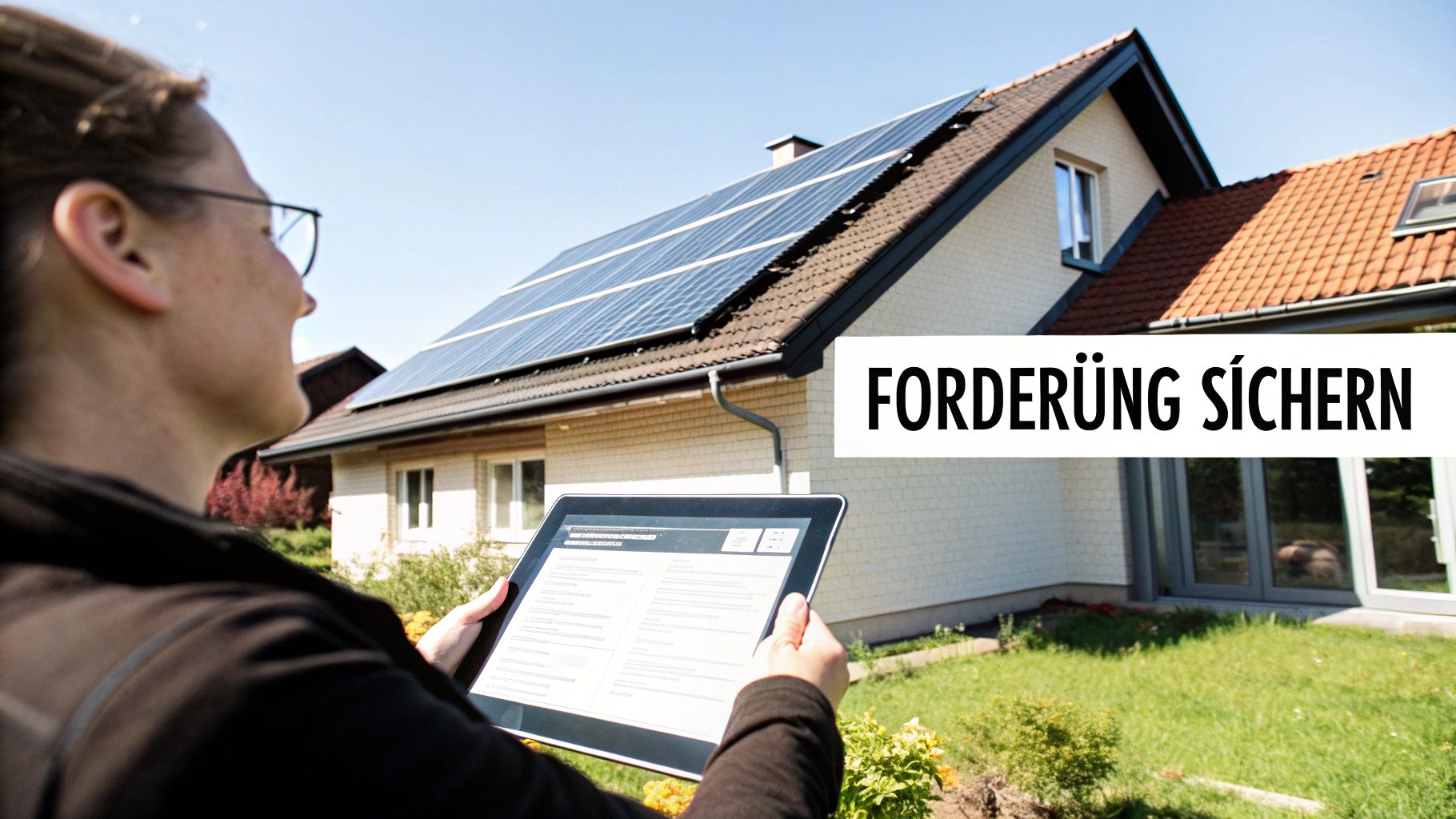 Eine Person betrachtet auf einem Tablet Informationen vor einem Haus mit installierter Solaranlage. Banner: Förderung sichern.