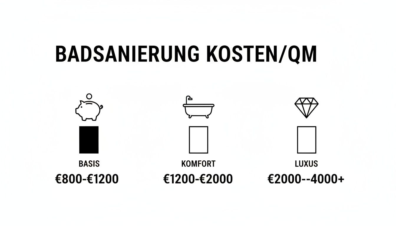 Übersicht über Badsanierung Kosten pro Quadratmeter: Basis, Komfort und Luxus Preisklassen.