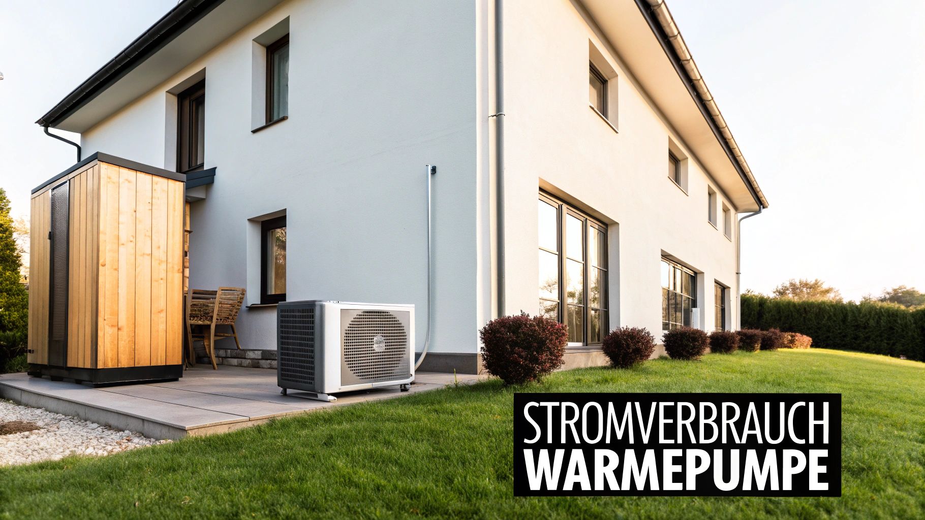 Modernes Einfamilienhaus mit Wärmepumpe, Holzverkleidung und gepflegtem Garten unter einem klaren Himmel.