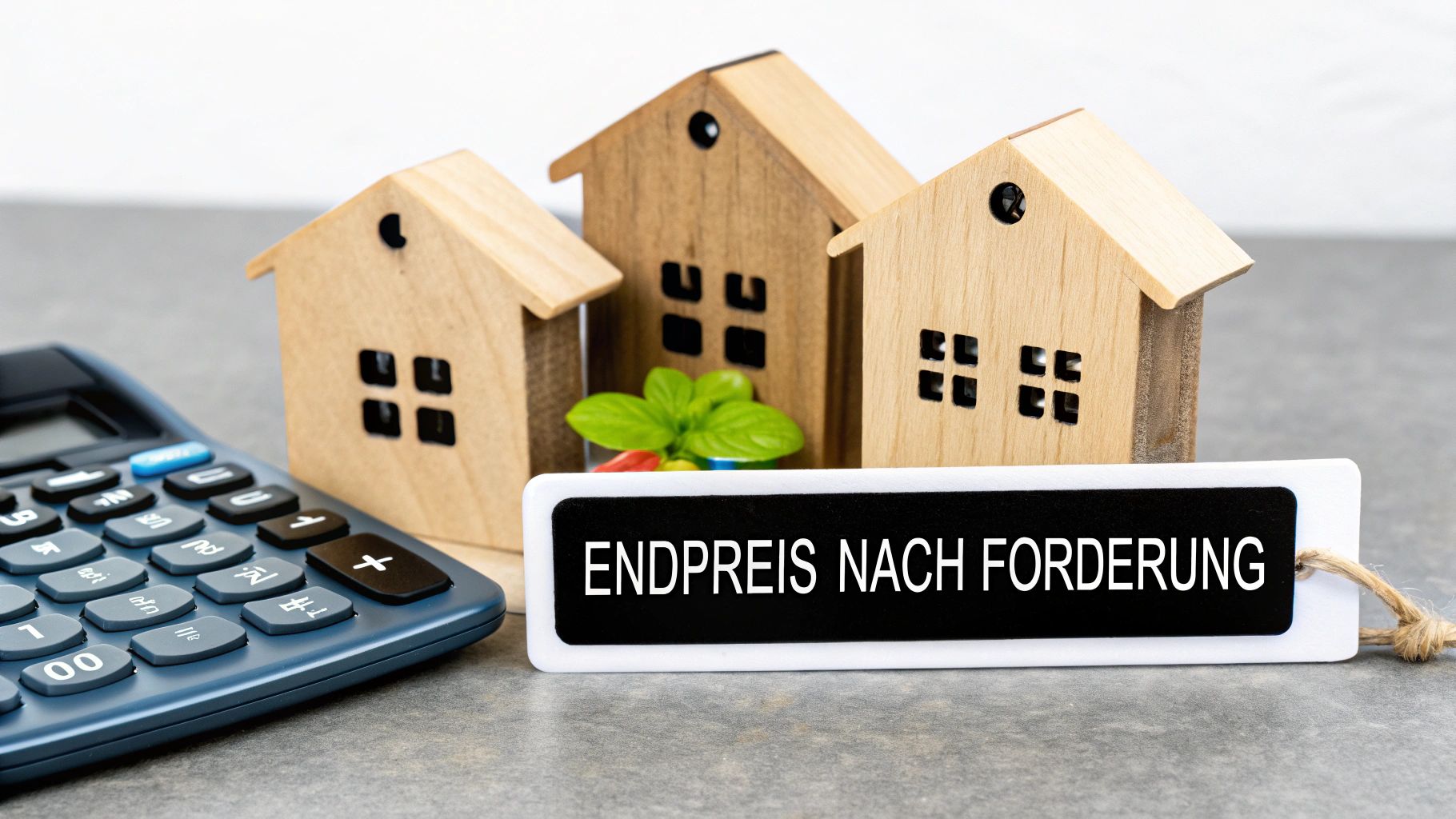 Holzhäuser, ein Taschenrechner und ein Schild mit der Aufschrift 'Endpreis nach Forderung'.
