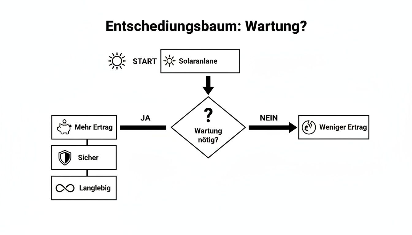 Entscheidungsbaum zur Wartung einer Solaranlage. Ja führt zu mehr Ertrag, Sicherheit und Langlebigkeit; Nein zu weniger Ertrag.