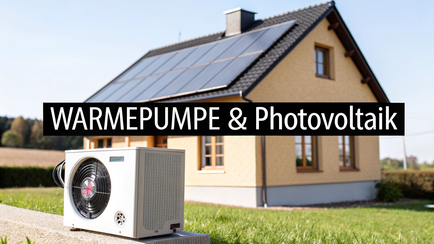 Modernes Einfamilienhaus mit Solarmodulen auf dem Dach und einer Wärmepumpe im Garten, Symbol für grüne Energie.