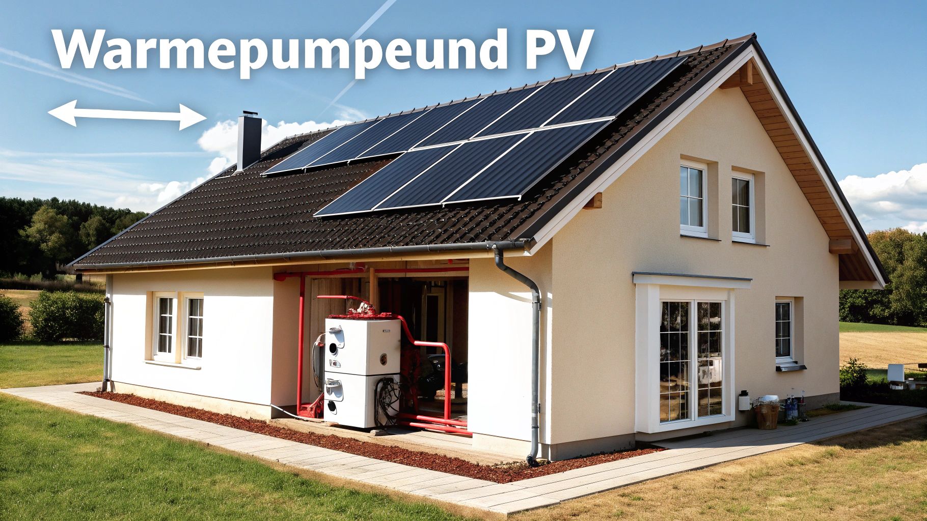 Modernes Haus mit Solarmodulen auf dem Dach und Wärmepumpe an der Seite, effiziente Energielösung.