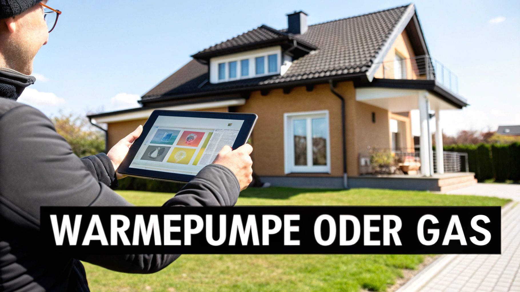 Eine Person hält ein Tablet zur Steuerung eines Smart Homes vor einem modernen Haus unter blauem Himmel.