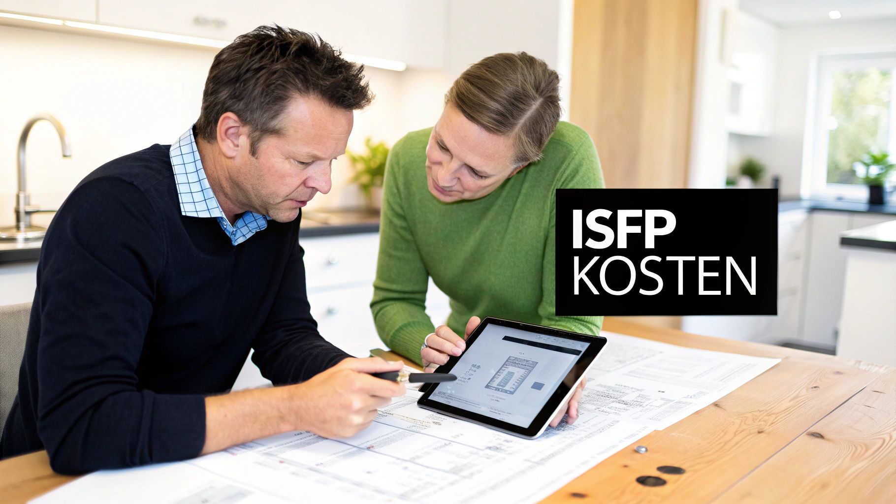 Zwei Personen besprechen Sanierungspläne und Kosten auf einem Tablet und Papierunterlagen am Tisch.