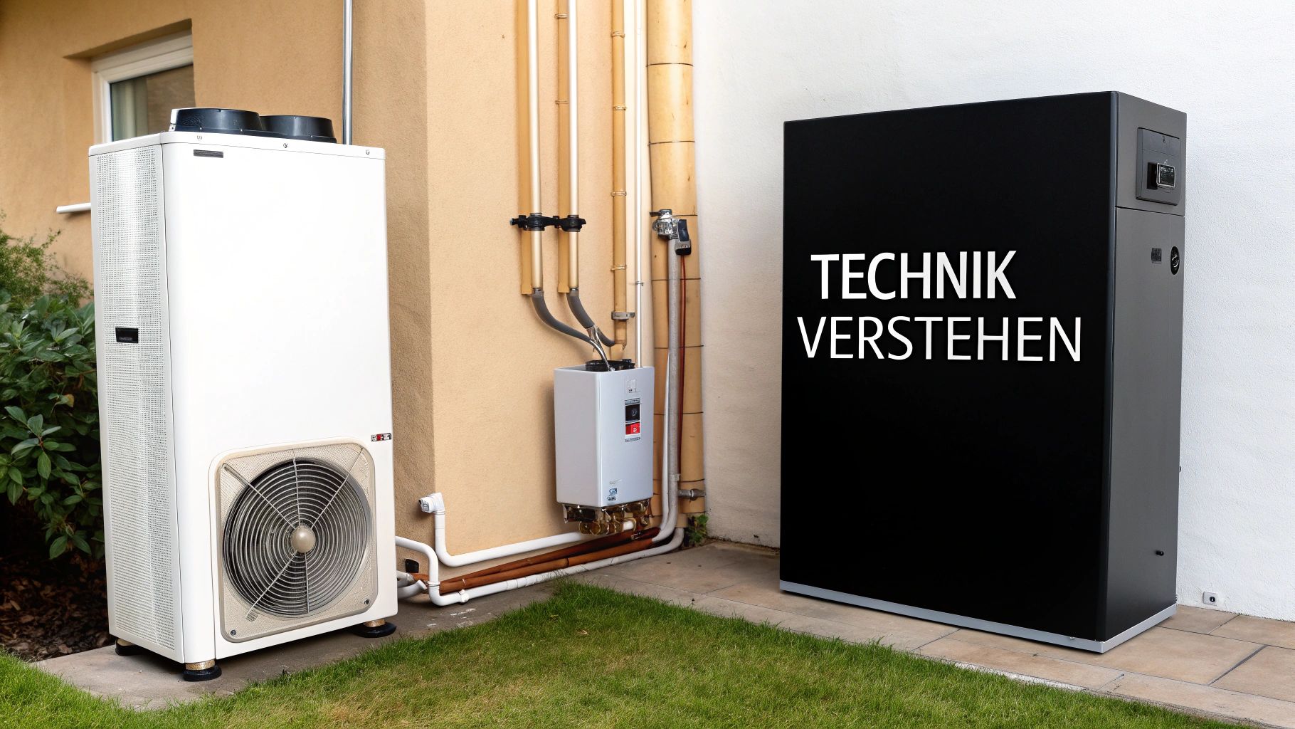 Außenansicht einer Wärmepumpe und einer Gasheizung, beide an einer Hauswand installiert, mit dem Text 'TECHNIK VERSTEHEN'.