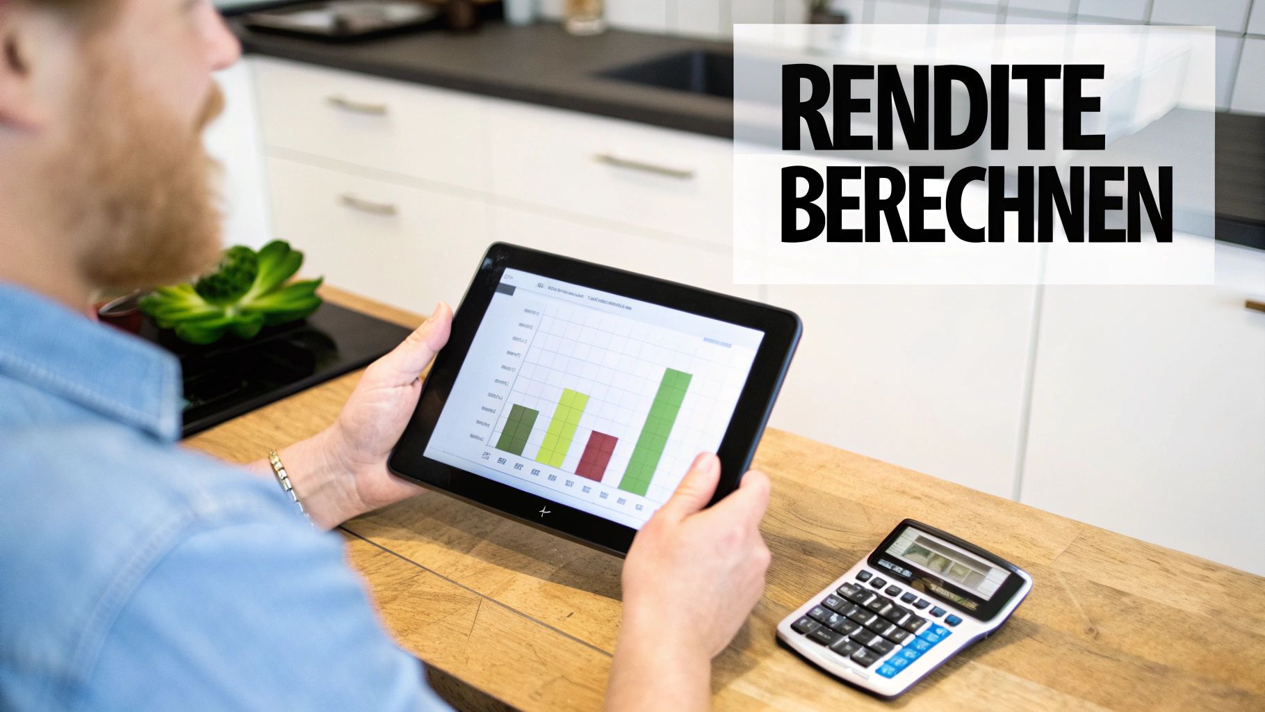 Eine Person betrachtet eine Finanzanalyse auf einem Tablet neben einem Taschenrechner; Overlay: RENDITE BERECHNEN.