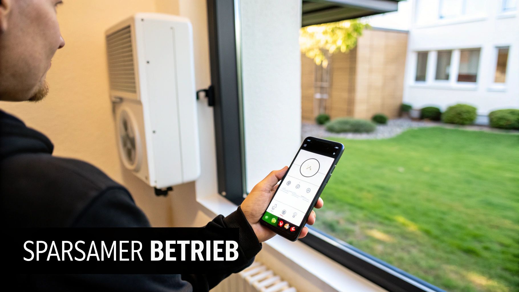 Person steuert ein Wandgerät über eine Smartphone-App, mit Blick auf einen grünen Garten, für sparsamen Betrieb.