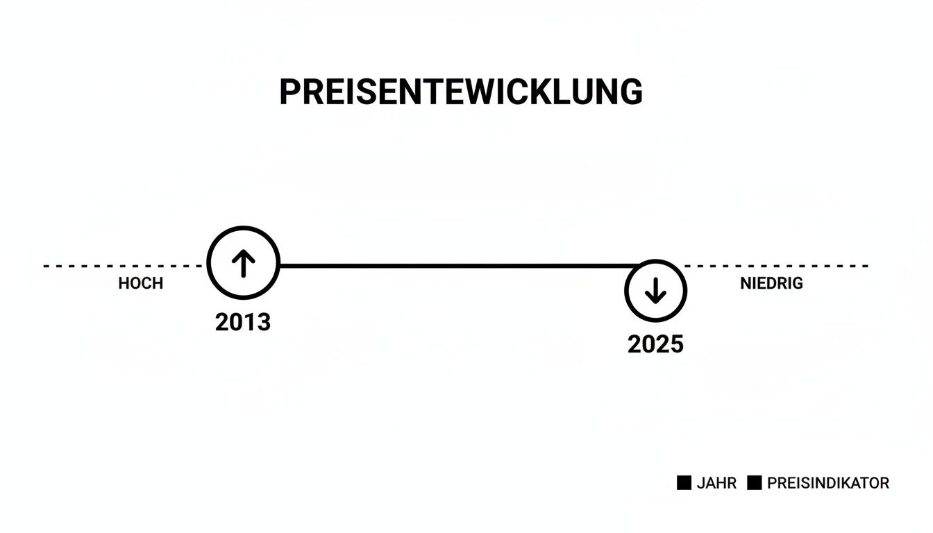 Zeitstrahl zur Preisentwicklung: Hohe Preise 2013 (Pfeil nach oben), niedrige Preise 2025 (Pfeil nach unten).
