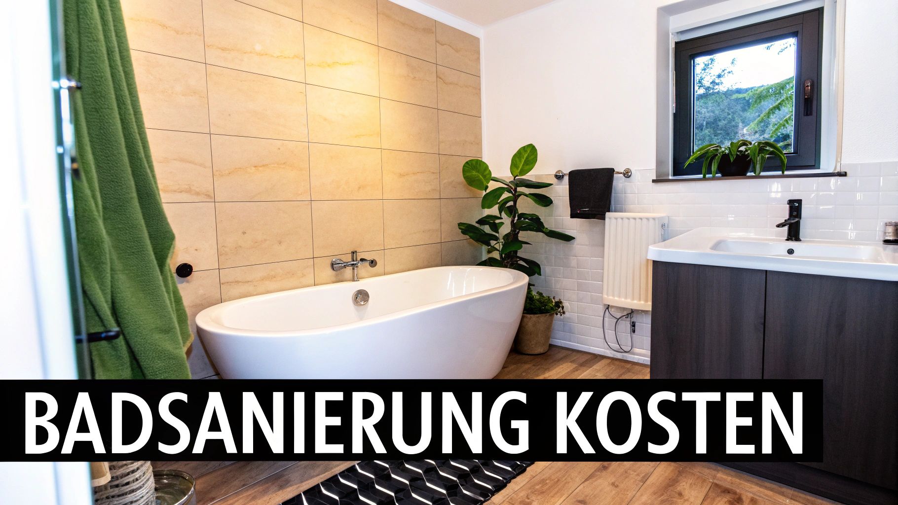 Modernes Badezimmer mit freistehender Badewanne, Waschtisch, Fenster und Pflanzen. Die Wände sind gefliest.