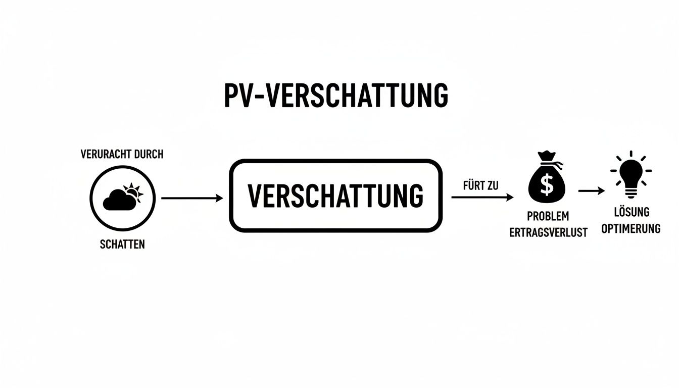 Flussdiagramm zur PV-Verschattung: Schatten verursacht Ertragsverlust, welcher eine Optimierung der Solaranlage erfordert.