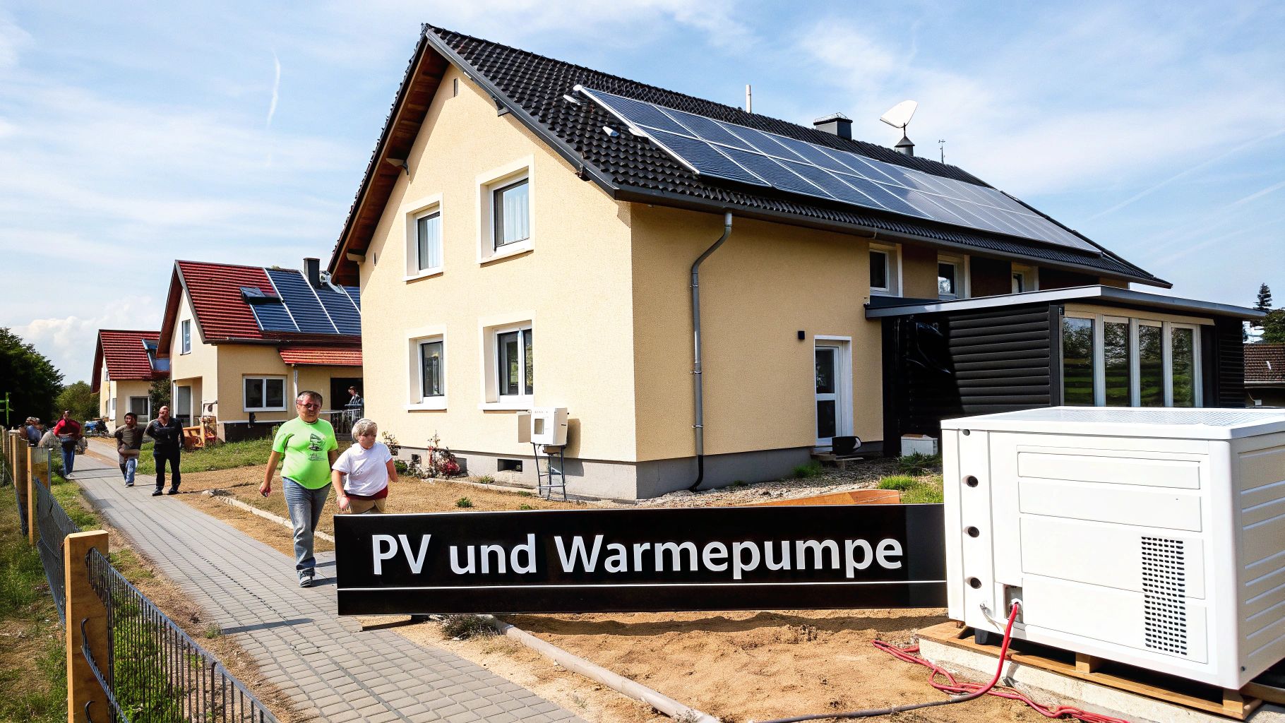 Ein modernes Haus mit Solarpaneelen und einer Wärmepumpe, umgeben von weiteren Häusern und Besuchern.
