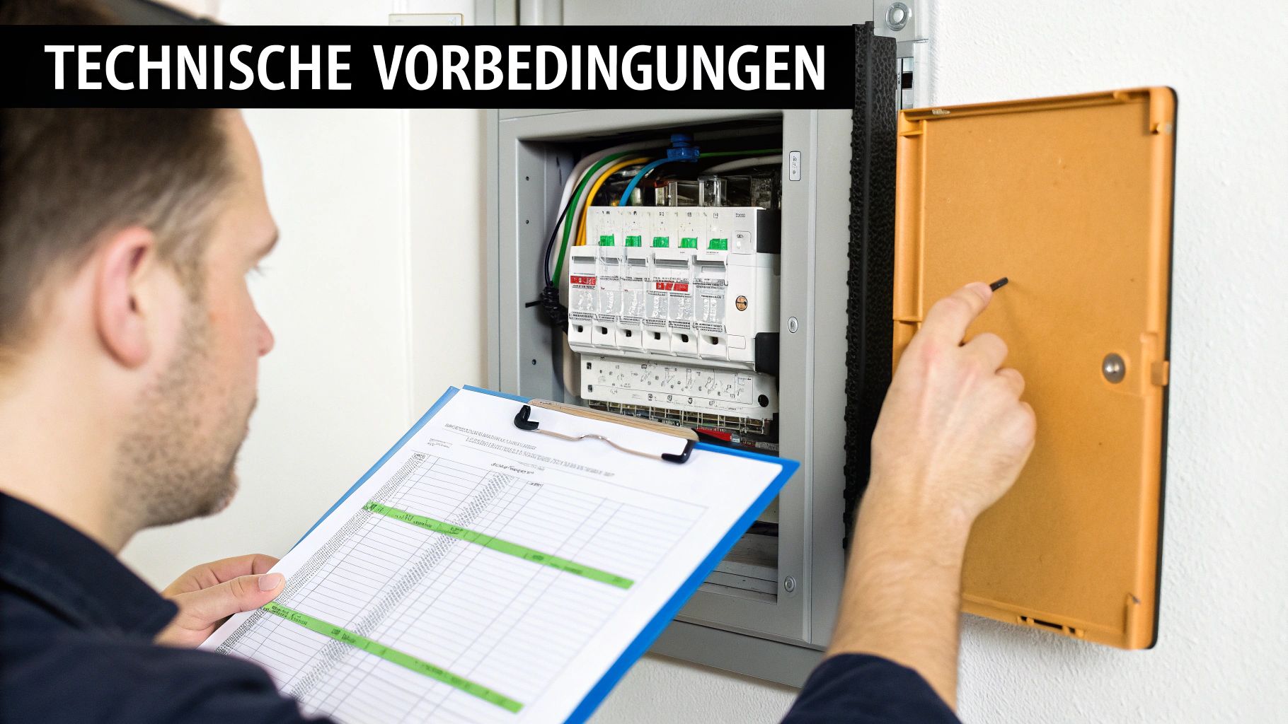 Techniker überprüft einen Sicherungskasten und technische Bedingungen mit einem Klemmbrett.