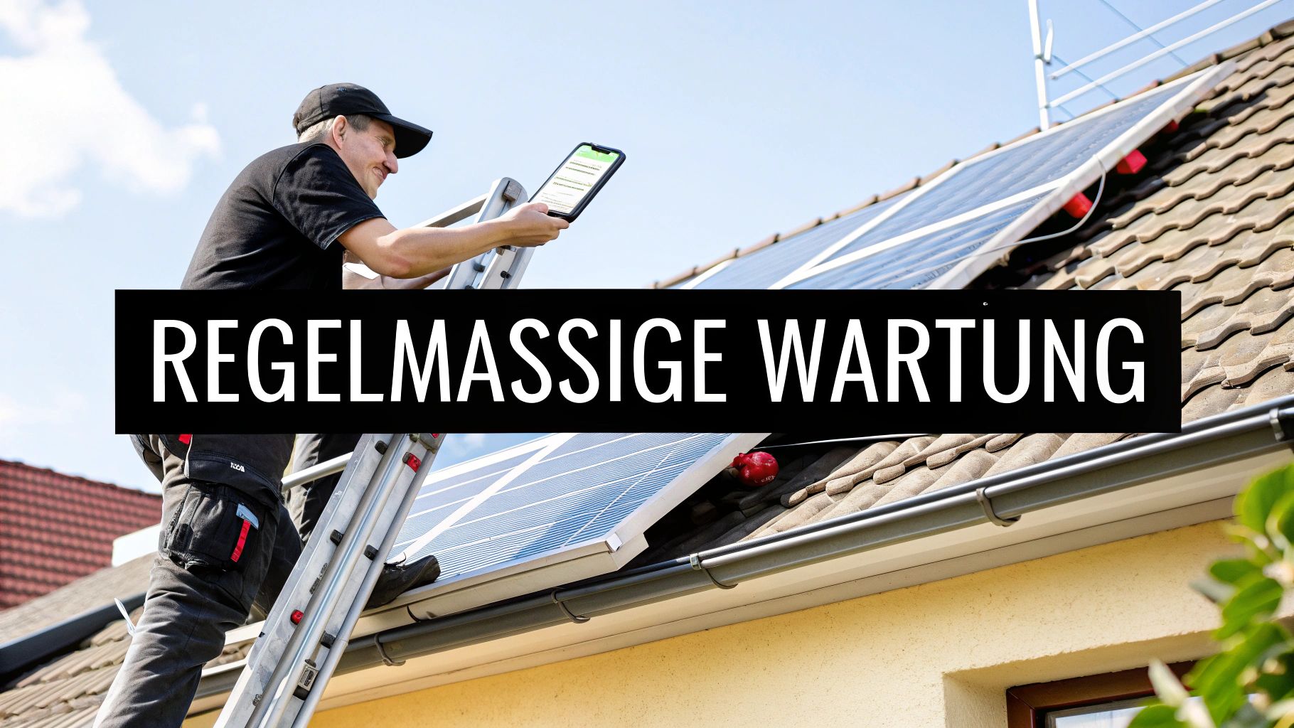 Ein Handwerker auf einer Leiter prüft eine Photovoltaikanlage auf einem Dach mit einem Tablet. Der Text 'Regelmäßige Wartung' ist eingeblendet.