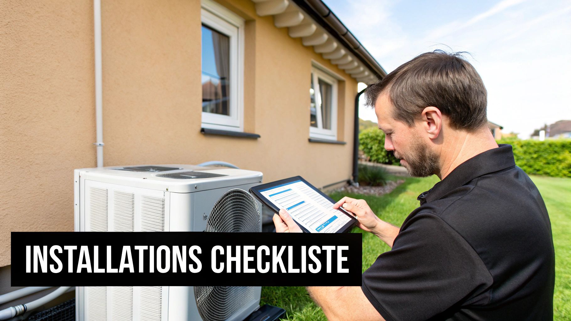 Ein Techniker überprüft eine Wärmepumpe im Freien mit einem Tablet und einer Installations-Checkliste.