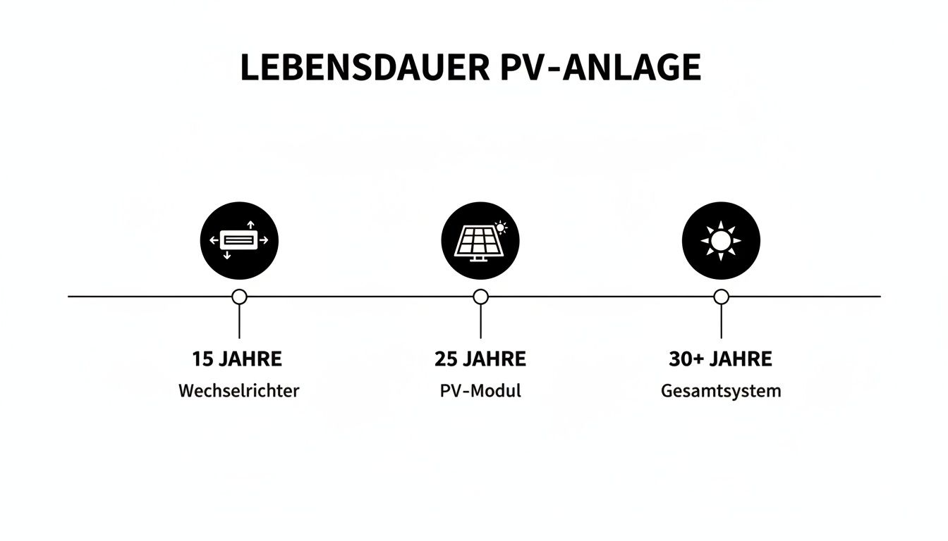 Infografik zur Lebensdauer von Photovoltaikanlagen: 15 Jahre Wechselrichter, 25 Jahre PV-Modul, 30+ Jahre Gesamtsystem.
