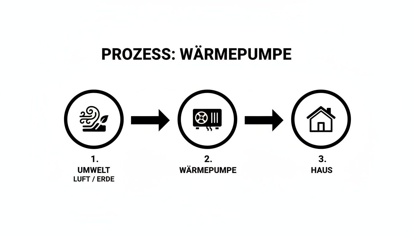Ein Prozessdiagramm zeigt, wie eine Wärmepumpe Umweltwärme (Luft/Erde) aufnimmt und in einem Haus nutzt.