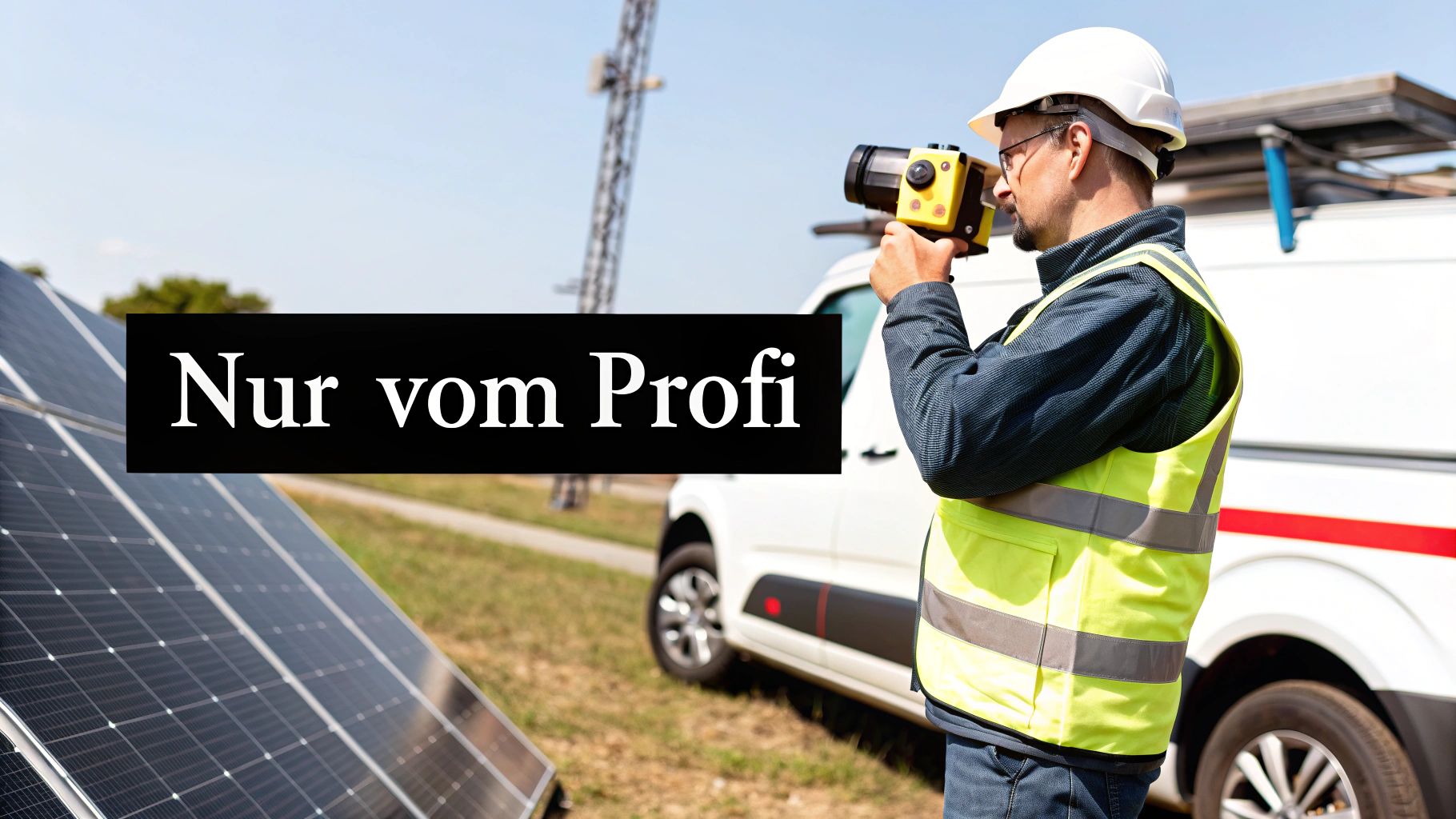 Ein Profi-Techniker in Schutzkleidung inspiziert Solarmodule mit einem Prüfgerät auf einer Solaranlage.