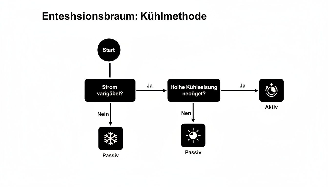 Flussdiagramm der Kühlmethode: Entscheidung zwischen aktiver und passiver Kühlung basierend auf Strom und Kühlleistung.