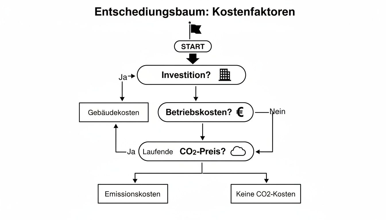 Entscheidungsbaum, der Kostenfaktoren wie Investition, Betrieb und CO2-Preise für Gebäude und Emissionen darstellt.
