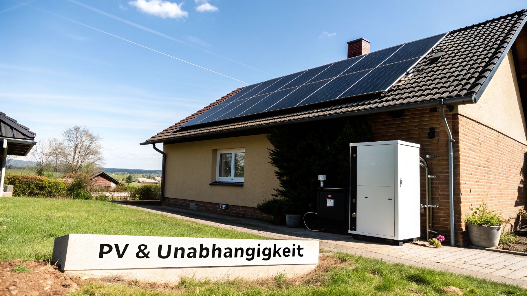 Ein Haus mit Solarmodulen auf dem Dach und einer Wärmepumpe davor, ein Schild sagt 'PV & Unabhängigkeit'.