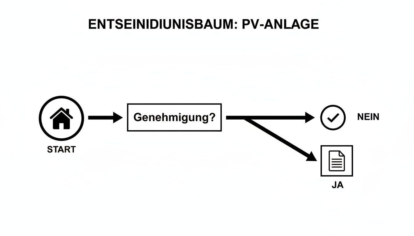 Flussdiagramm für die Genehmigung einer PV-Anlage, beginnend mit Start, gefolgt von der Frage nach Genehmigung mit Ja- und Nein-Optionen.