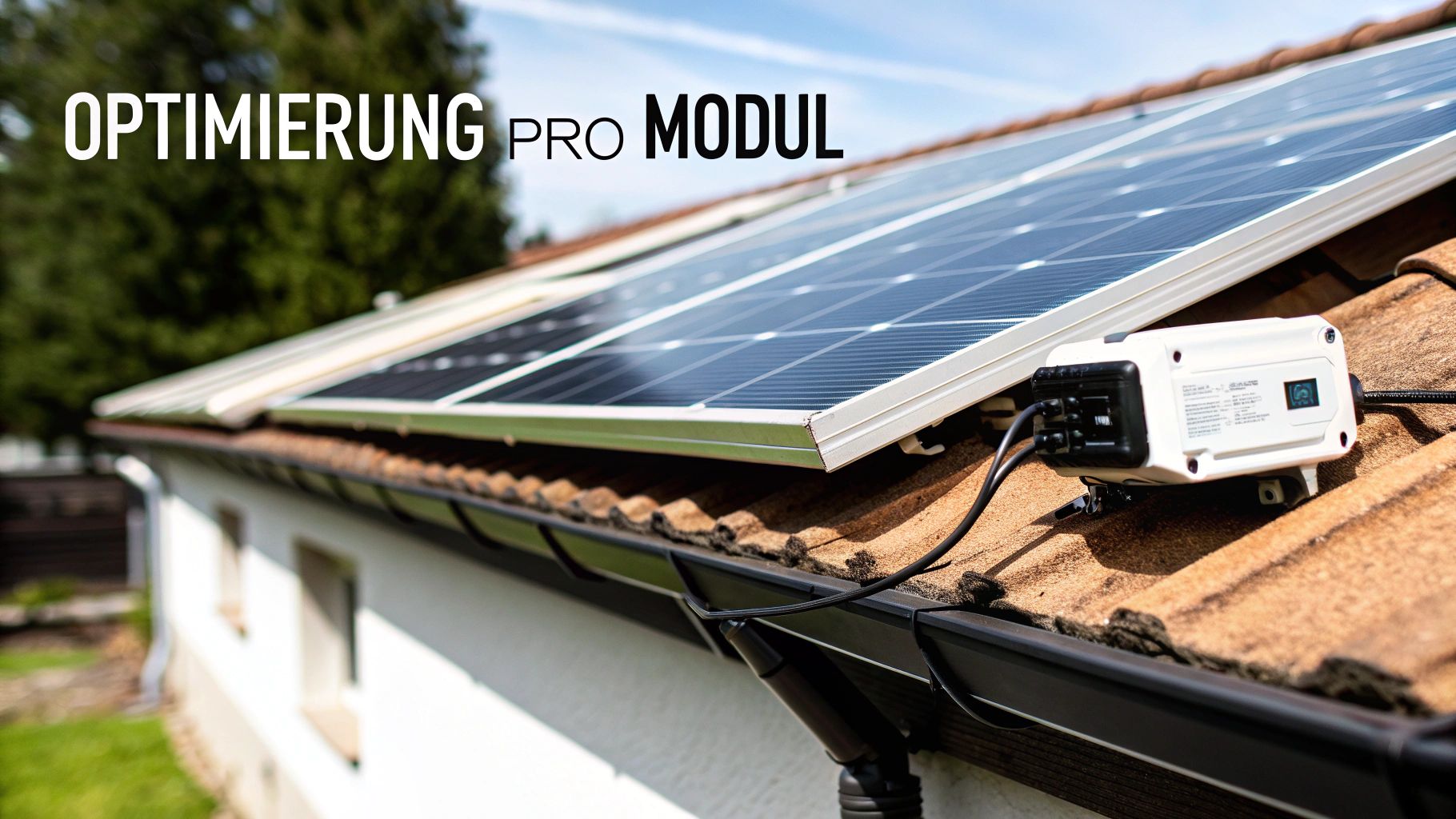 Photovoltaikanlage auf einem Hausdach mit Optimierungstechnik für jedes Modul unter blauem Himmel.