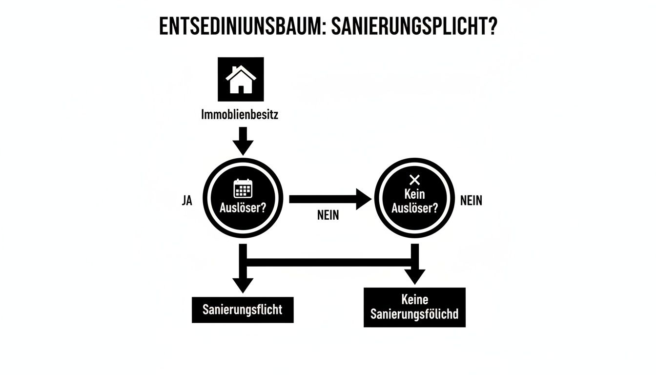Entscheidungsbaum zur Sanierungspflicht für Immobilienbesitz: Prüft Auslöser für mögliche Sanierungsauflagen.