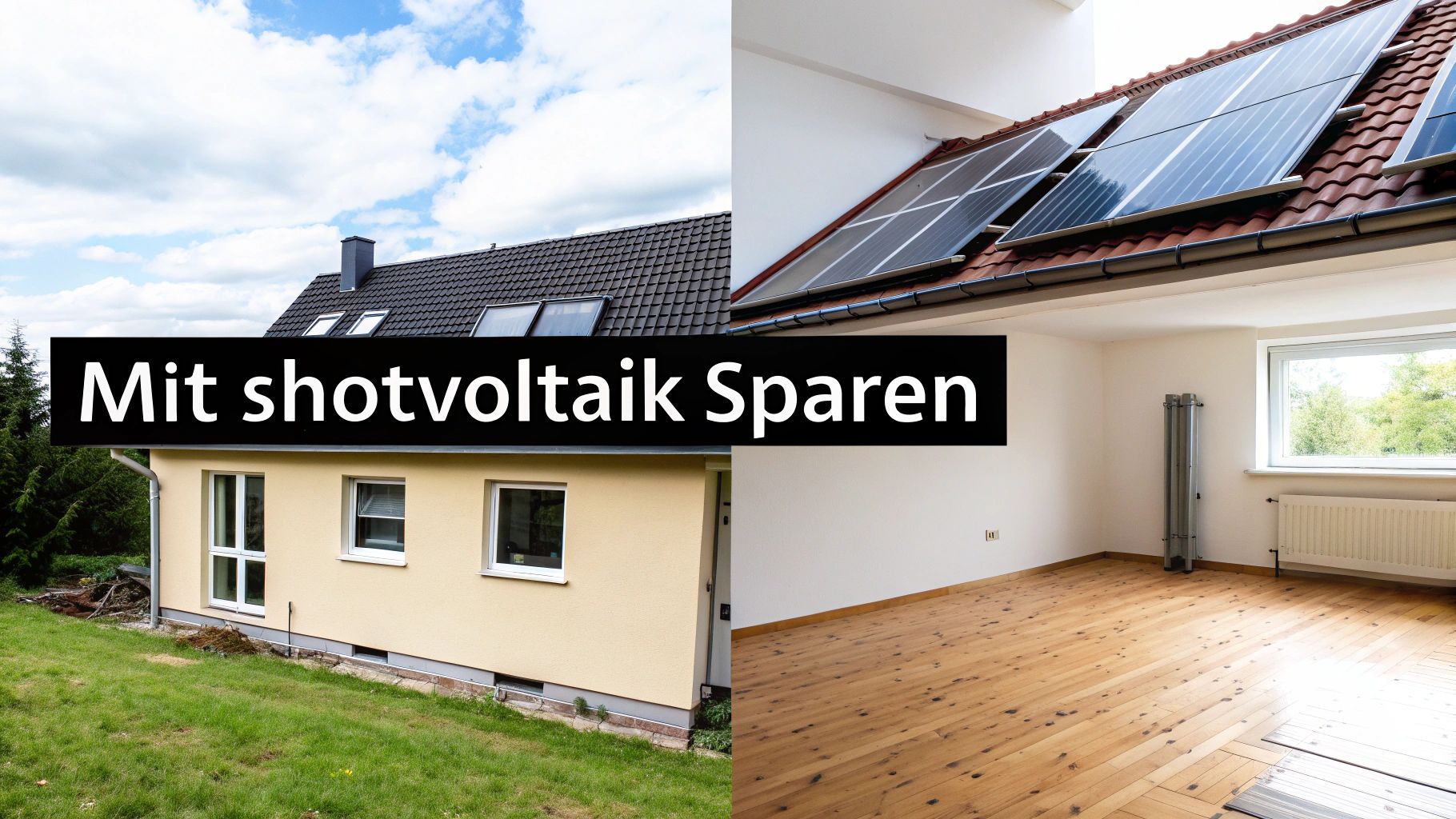 Ein geteiltes Bild: Links ein Haus mit Garten und dunklem Dach, rechts ein Innenraum mit Holzboden und Solarmodulen auf dem Dach. Ein schwarzer Balken trägt den Text 'Mit shotvoltaik Sparen'.