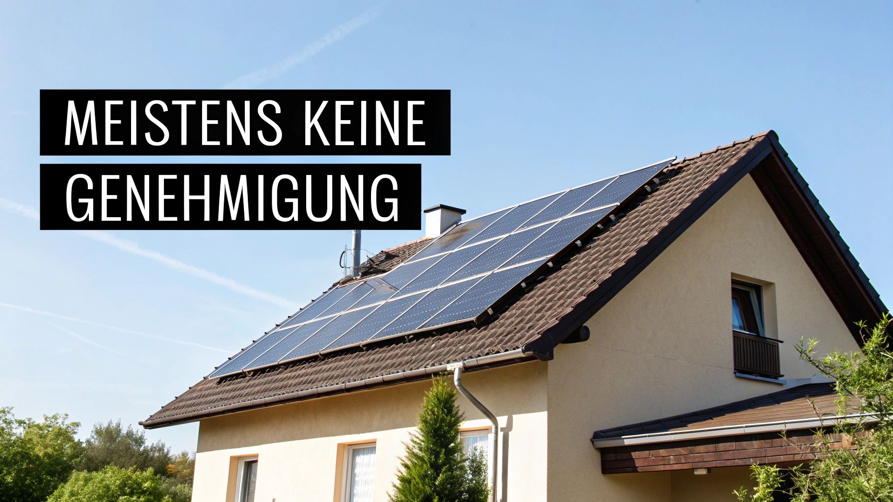 Ein Haus mit Solaranlage auf dem Dach unter blauem Himmel. Text: MEISTENS KEINE GENEHMIGUNG.