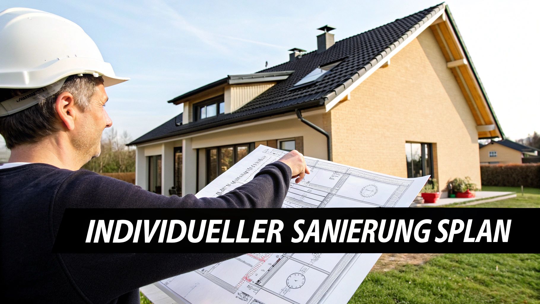 Ein Mann mit Bauhelm betrachtet einen individuellen Sanierungsplan vor einem modernen Haus.