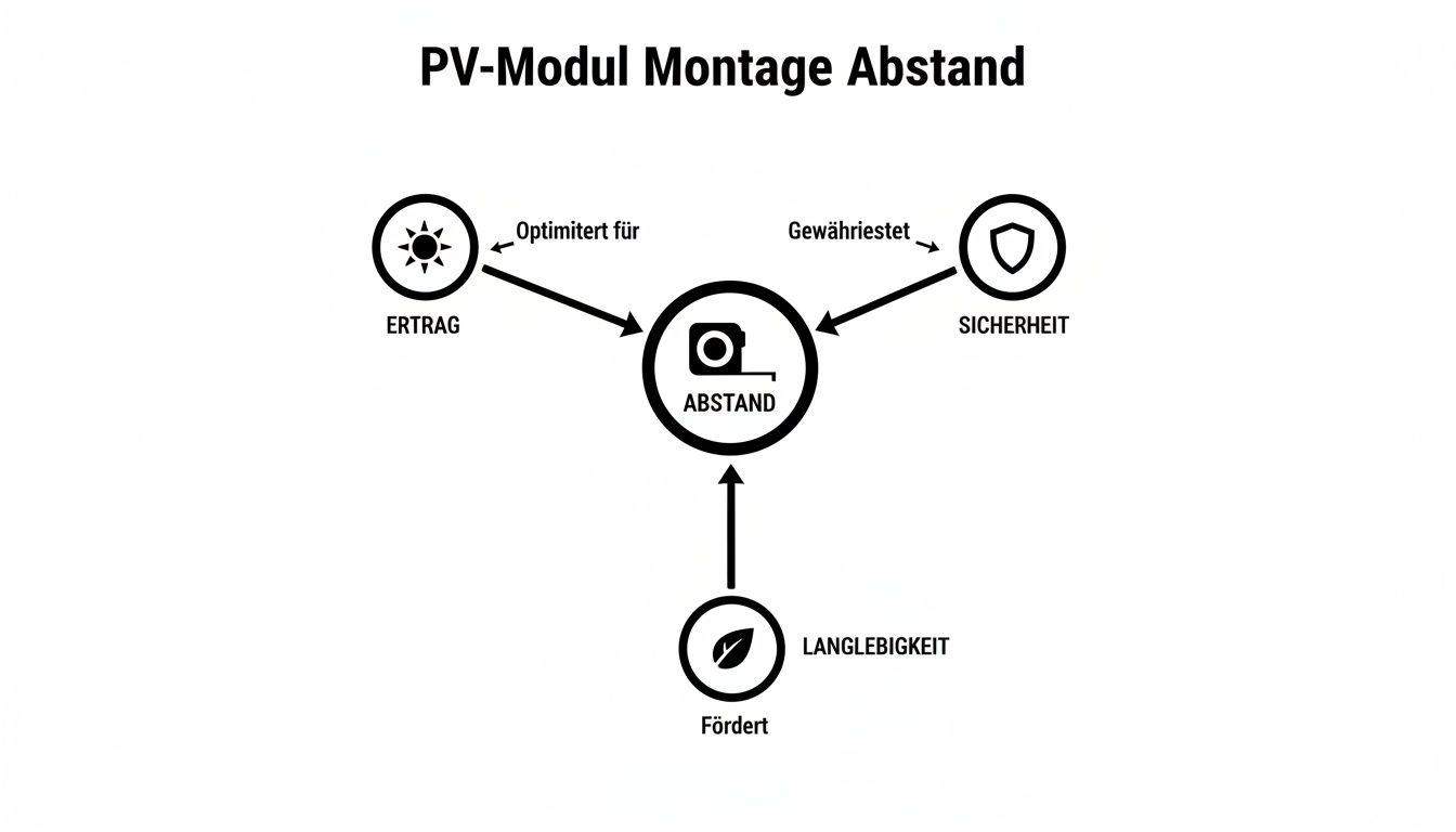 Diagramm zur Bedeutung des Montageabstands von PV-Modulen für Ertrag, Sicherheit und Langlebigkeit.