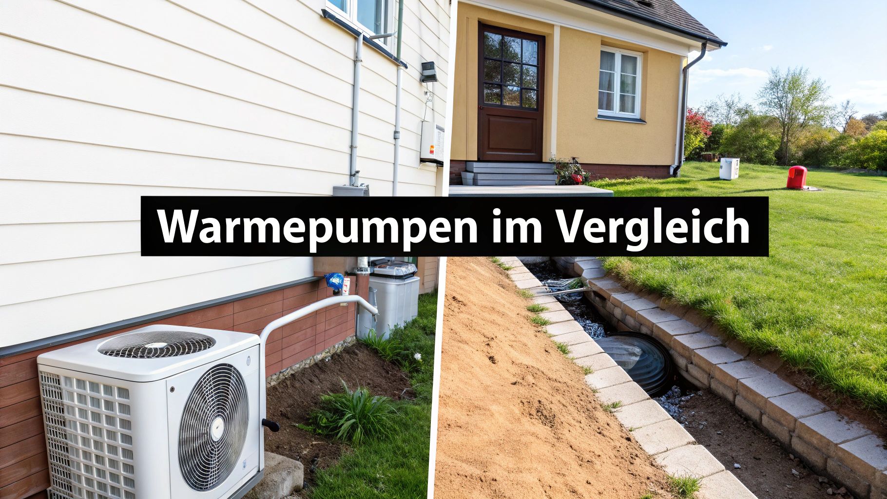 Vergleich verschiedener Wärmepumpen-Systeme: Eine Luft-Wasser-Wärmepumpe und eine Erdwärmeinstallation an einem Haus.