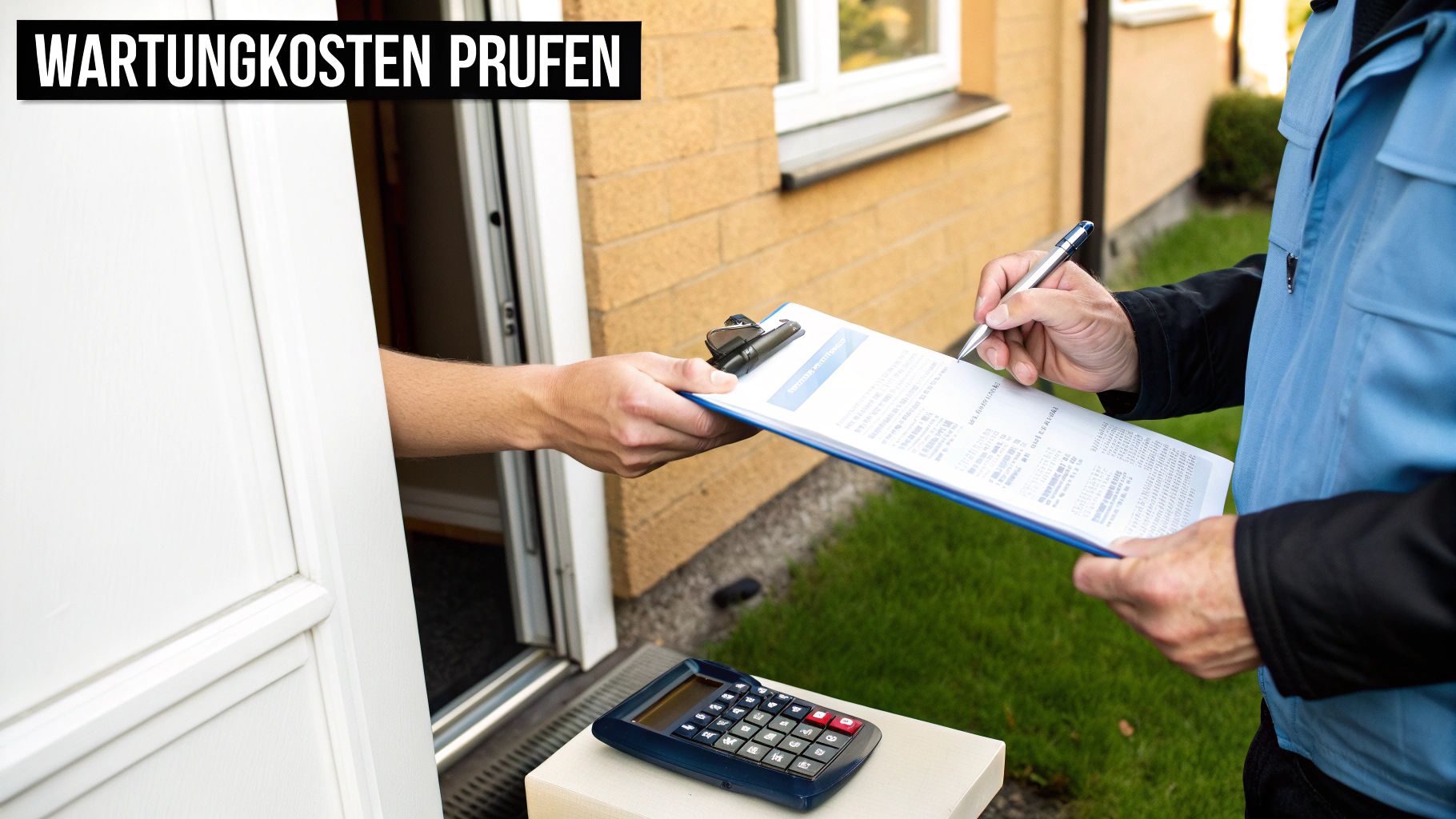 Ein Wartungstechniker unterschreibt Papiere auf einem Klemmbrett, das ein Kunde hält, mit einem Taschenrechner daneben.