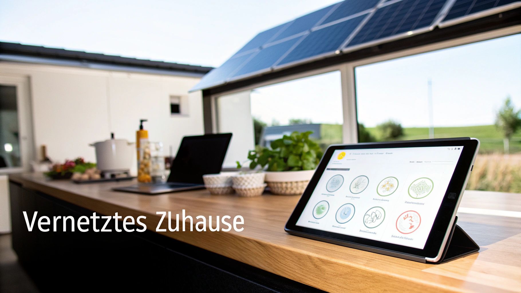 Vernetztes Zuhause: Tablet mit Smart Home Steuerung auf moderner Küchenarbeitsplatte, Solarmodule sichtbar.