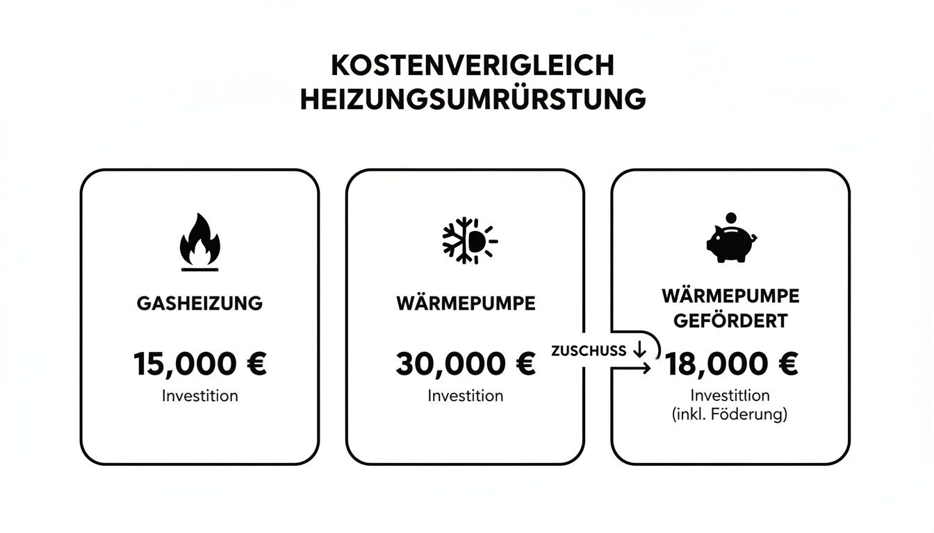 Kostenvergleich Heizungsumrüstung: Gasheizung, Wärmepumpe und geförderte Wärmepumpe mit jeweiligen Investitionskosten.