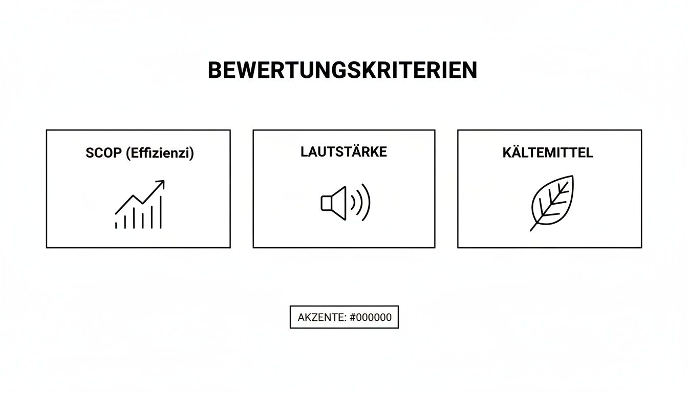 Bewertungskriterien für Wärmepumpen: SCOP (Effizienz), Lautstärke und Kältemittel mit entsprechenden Symbolen.