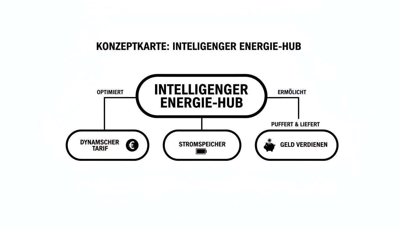Konzeptkarte zum intelligenten Energie-Hub, der dynamische Tarife optimiert und durch Stromspeicher Geld verdienen ermöglicht.