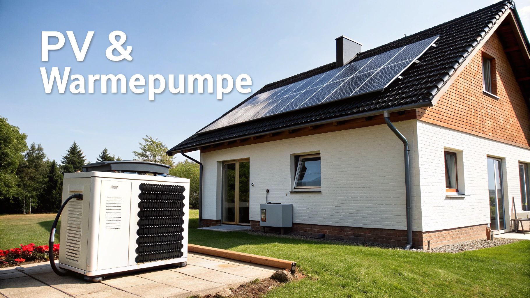 Modernes Haus mit Photovoltaik-Anlage und Wärmepumpe für nachhaltige Energieversorgung.