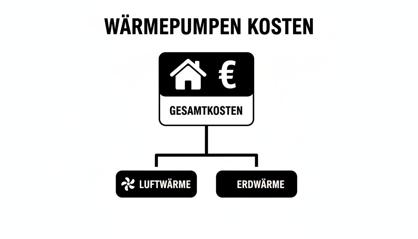 Übersicht der Gesamtkosten für Wärmepumpen, aufgeteilt in Luftwärme- und Erdwärmepumpen Optionen.