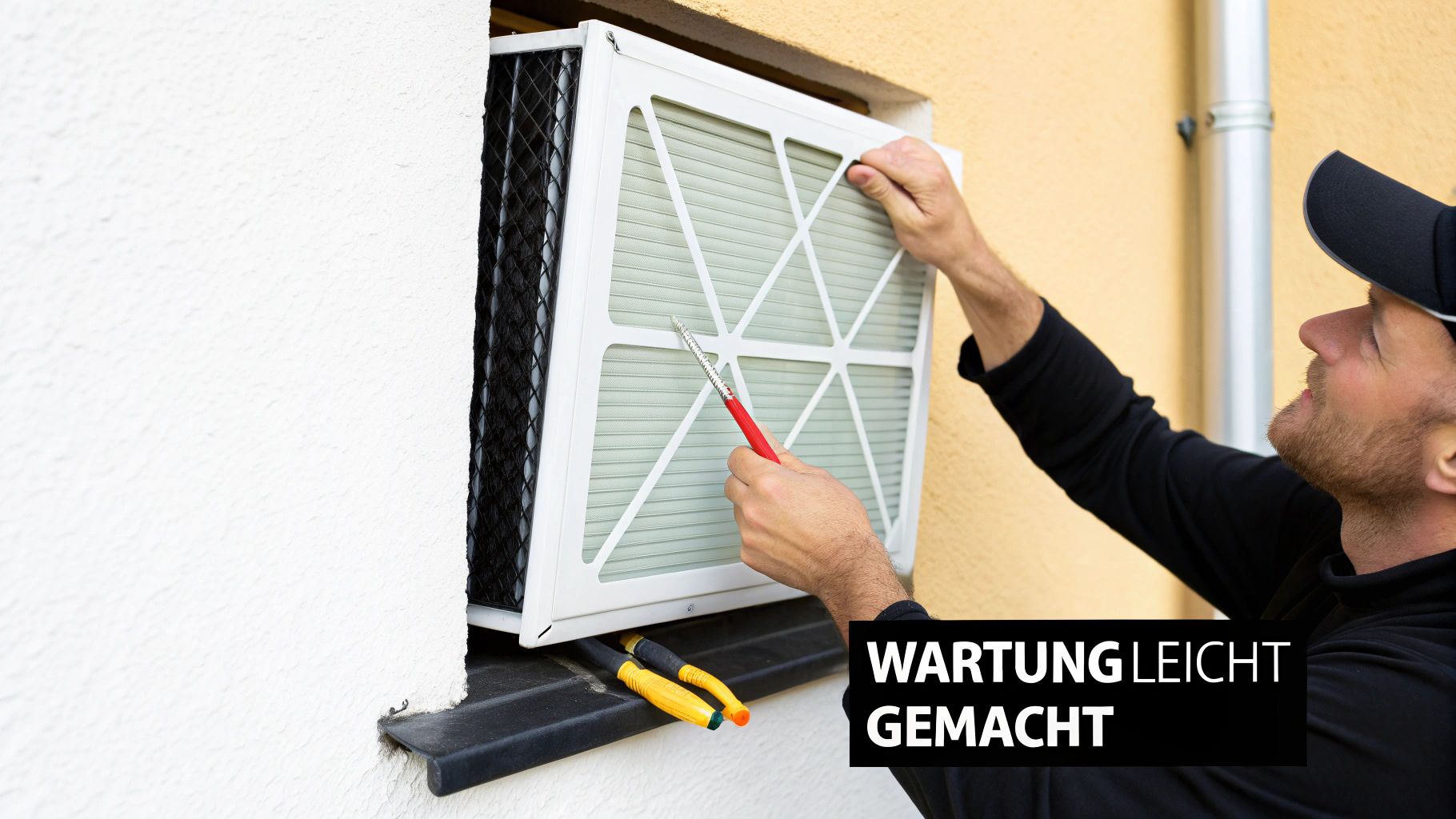 Ein Mann wartet eine dezentrale Lüftungsanlage und setzt einen Filter in ein Fenster ein. Wartung leicht gemacht.