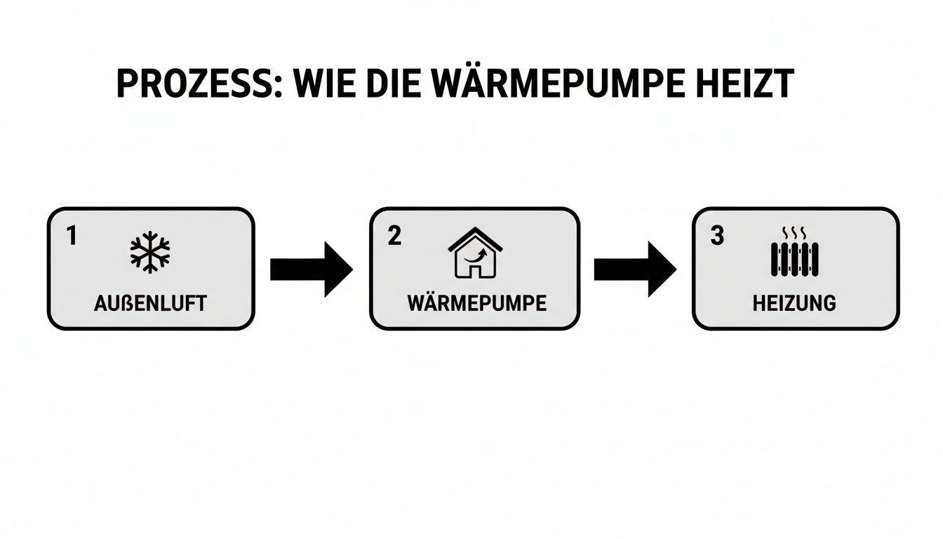 Ein schematisches Diagramm zeigt den Prozess, wie eine Wärmepumpe mit Außenluft heizt: 1. Außenluft, 2. Wärmepumpe, 3. Heizung.